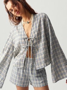 Bohemela Women's Vacation Casual Plaid Top And Shorts 2 Pieces Set - Multicolor - View 4