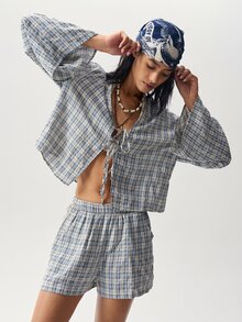 Bohemela Women's Vacation Casual Plaid Top And Shorts 2 Pieces Set - Multicolor - View 8