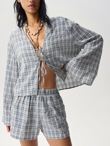 Bohemela Women's Vacation Casual Plaid Top And Shorts 2 Pieces Set - Multicolor - View 9