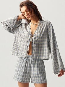Bohemela Women's Vacation Casual Plaid Top And Shorts 2 Pieces Set - Multicolor - View 2