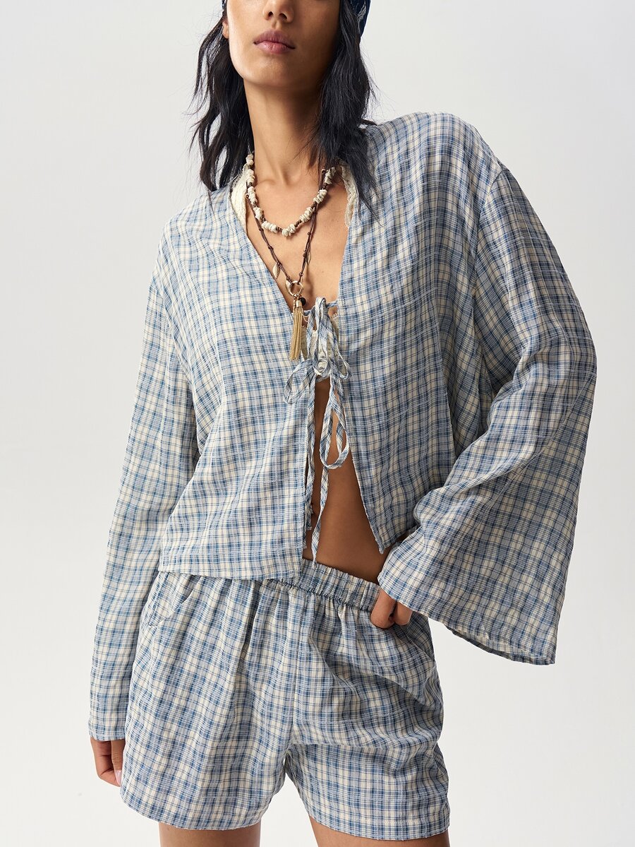 Bohemela Women's Vacation Casual Plaid Top And Shorts 2 Pieces Set - Multicolor - View 1