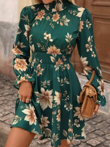 Brillora Women's Floral Print Waist Gathered Fashion Short Dress For Vacation Brunch Dark Green Autumn Romantic Elegant - Green - View 6