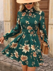 Brillora Women's Floral Print Waist Gathered Fashion Short Dress For Vacation Brunch Dark Green Autumn Romantic Elegant - Green - View 7
