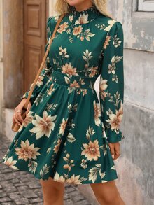 Brillora Women's Floral Print Waist Gathered Fashion Short Dress For Vacation Brunch Dark Green Autumn Romantic Elegant - Green - View 8