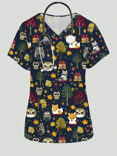 PopScrub Cute Pet Pine Cone Tree Cartoon Print Black Background Women's Nurse Scrub Top, All-Season Innerwear And Outerwear Fashion V-Neck Short Sleeve Double Pocket Design Side Slit Workwear, Women's Adorable Surgical Scrub Top, Scrub Top, Autumn Atmosphere Apparel