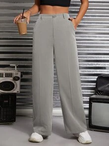 SHEIN PETITE Solid Slant Pocket Suit Pants In Fall/Winter - Grey - View 1