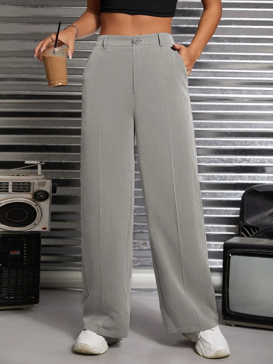 SHEIN PETITE Solid Slant Pocket Suit Pants In Fall/Winter - Grey - View 1
