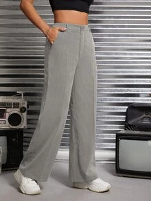 SHEIN PETITE Solid Slant Pocket Suit Pants In Fall/Winter - Grey - View 3