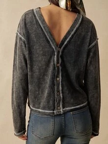 Bohemela Casual Solid Color Knit Long Sleeve Women's Top - Black - View 7