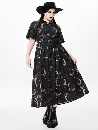 ROMWE Robe grande taille imprimée chat noir, étoile, lune et branche, style gothique sombre pour Halloween