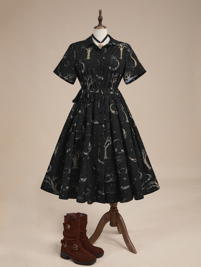 Halloween Dark Gothic Halloween Black Cat Star Moon Branch Print Plus Size Dress