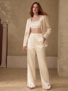 MOTF Tall WOMEN'S TALL SATIN SOLID COLOR SEAM FRONT STRAIGHT LEG SUIT PANTS - Apricot - View 5