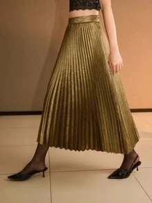 MOTF Tall WOMEN'S TALL VERSATILE PLEATED FASHIONABLE MID-LENGTH SKIRT - Gold - View 3