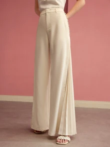 MOTF Tall WOMEN'S TALL BUTTON DECOR SIDE PLEATED WIDE LEG PANTS - Apricot - View 4