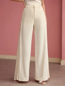 MOTF Tall WOMEN'S TALL BUTTON DECOR SIDE PLEATED WIDE LEG PANTS - Apricot - View 7