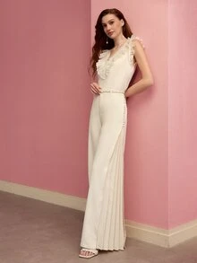 MOTF Tall WOMEN'S TALL BUTTON DECOR SIDE PLEATED WIDE LEG PANTS - Apricot - View 5