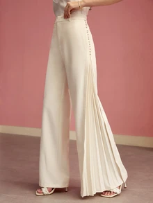 MOTF Tall WOMEN'S TALL BUTTON DECOR SIDE PLEATED WIDE LEG PANTS - Apricot - View 8