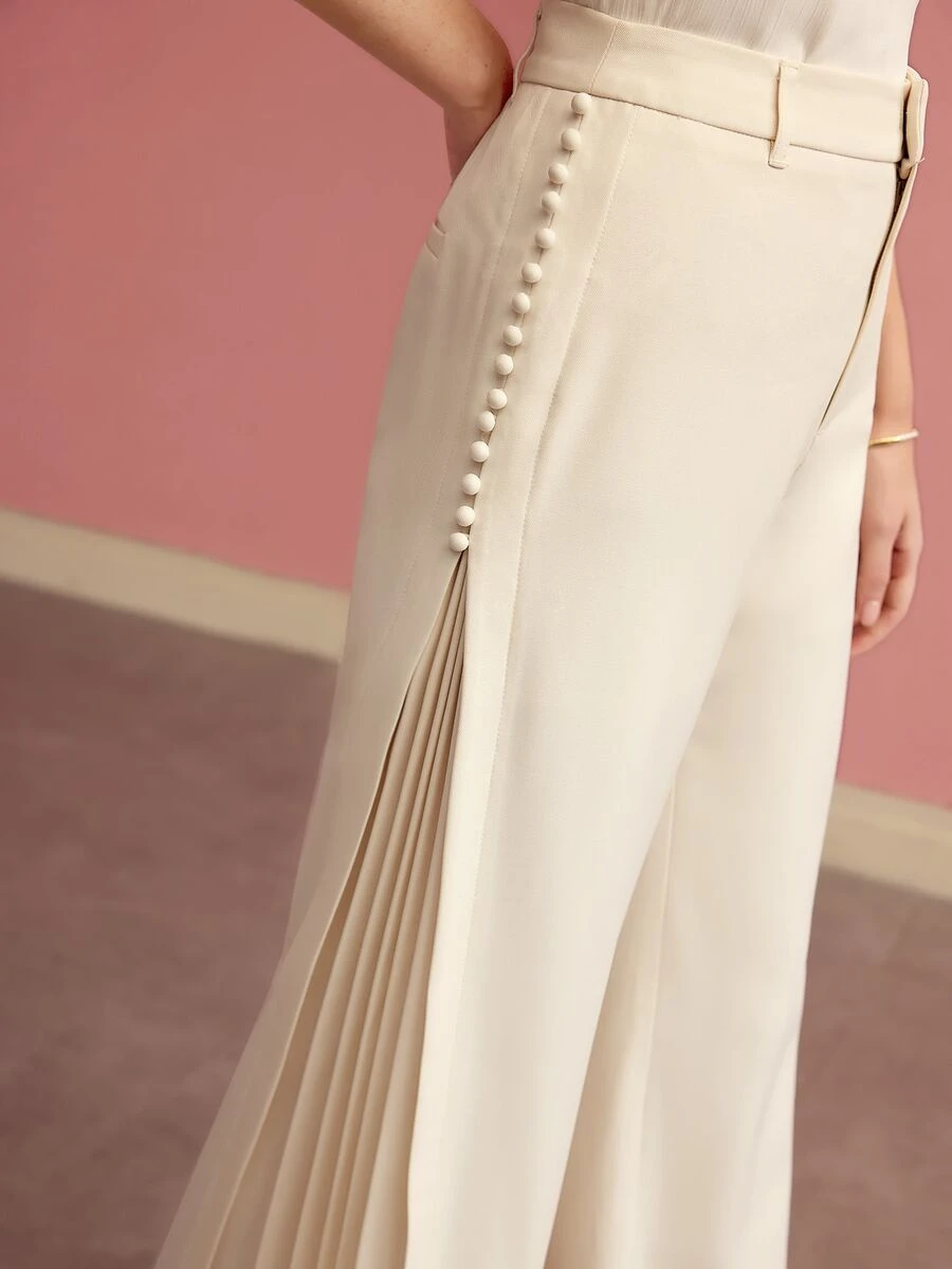 MOTF Tall WOMEN'S TALL BUTTON DECOR SIDE PLEATED WIDE LEG PANTS - Apricot - View 2
