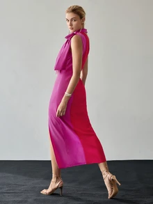 MOTF Tall WOMEN'S TALL COLORBLOCK ASYMMETRIC BOW FRONT SLIT WOVEN WOMEN'S DRESS - Red - View 7