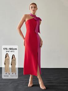 MOTF Tall WOMEN'S TALL COLORBLOCK ASYMMETRIC BOW FRONT SLIT WOVEN WOMEN'S DRESS - Red - View 1