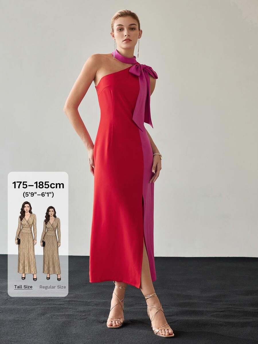MOTF Tall WOMEN'S TALL COLORBLOCK ASYMMETRIC BOW FRONT SLIT WOVEN WOMEN'S DRESS - Red - View 1