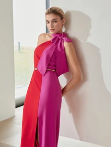 MOTF Tall WOMEN'S TALL COLORBLOCK ASYMMETRIC BOW FRONT SLIT WOVEN WOMEN'S DRESS - Red - View 4