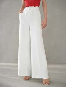 MOTF Tall WOMEN'S TALL WOVEN SOLID COLOR SEAM FRONT WIDE LEG SUIT PANTS - White - View 8