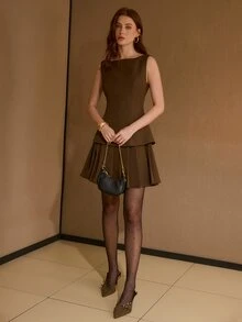 MOTF Tall WOMEN'S TALL SOLID COLOR SLEEVELESS 2 IN 1 SHORT DRESS - Coffee - View 6