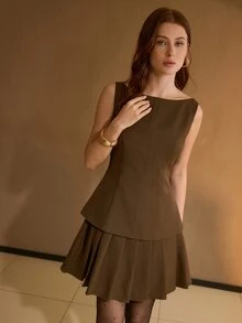 MOTF Tall WOMEN'S TALL SOLID COLOR SLEEVELESS 2 IN 1 SHORT DRESS - Coffee - View 4