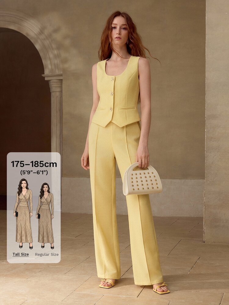 MOTF Tall WOMEN'S SOLID COLOR CONTRAST LACE SEAM FRONT FLARE LEG SUIT PANTS - Yellow - View 1