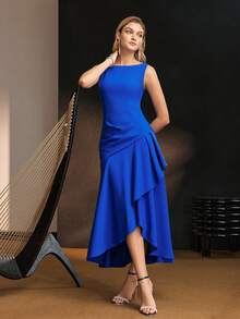 MOTF Tall WOMEN'S TALL SOLID COLOR ASYMMETRICAL HEMLINE DRESS - Blue - View 3