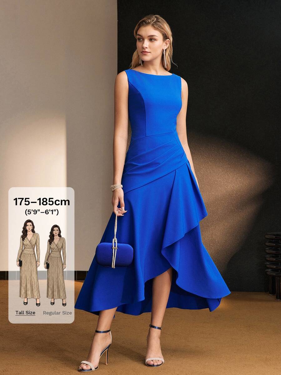 MOTF Tall WOMEN'S TALL SOLID COLOR ASYMMETRICAL HEMLINE DRESS - Blue - View 1
