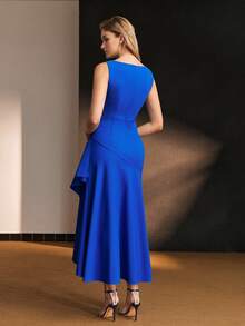 MOTF Tall WOMEN'S TALL SOLID COLOR ASYMMETRICAL HEMLINE DRESS - Blue - View 6