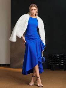 MOTF Tall WOMEN'S TALL SOLID COLOR ASYMMETRICAL HEMLINE DRESS - Blue - View 4