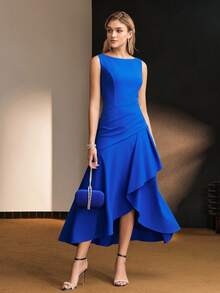 MOTF Tall WOMEN'S TALL SOLID COLOR ASYMMETRICAL HEMLINE DRESS - Blue - View 11