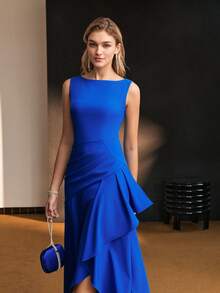 MOTF Tall WOMEN'S TALL SOLID COLOR ASYMMETRICAL HEMLINE DRESS - Blue - View 8