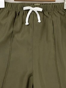 SHEIN 大童男孩休閒純色牙籤褶飾抽繩鬆緊腰長褲，適合秋冬春季，適合戶外玩耍、上學、街頭風、派對與休閒穿著，高 CP 值 - 軍綠色 - 查看 4