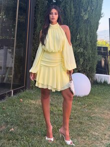 Ronhire Women's Elegant Sexy Purple Off-Shoulder Ruched Design Long Sleeve Fitted Flared Mini Dress, Spring/Summer - Yellow - View 1