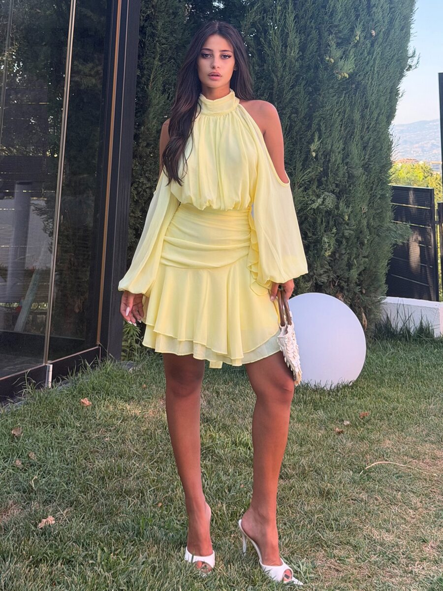 Ronhire Women's Elegant Sexy Purple Off-Shoulder Ruched Design Long Sleeve Fitted Flared Mini Dress, Spring/Summer - Yellow - View 1