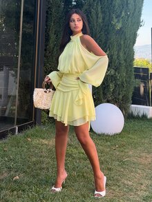 Ronhire Women's Elegant Sexy Purple Off-Shoulder Ruched Design Long Sleeve Fitted Flared Mini Dress, Spring/Summer - Yellow - View 6