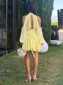Ronhire Women's Elegant Sexy Purple Off-Shoulder Ruched Design Long Sleeve Fitted Flared Mini Dress, Spring/Summer - Yellow - View 2