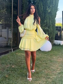 Ronhire Women's Elegant Sexy Purple Off-Shoulder Ruched Design Long Sleeve Fitted Flared Mini Dress, Spring/Summer - Yellow - View 4