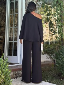 Ronhire 女款黑色秋季優雅用餐兩件套，寬鬆單肩不對稱上衣與高腰寬腿褲，休閒通勤旅行穿搭 - 黑色 - 查看 3
