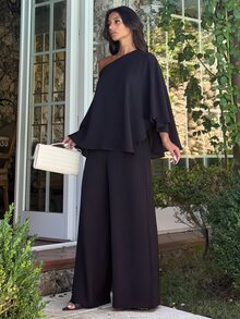 Ronhire 女款黑色秋季優雅用餐兩件套，寬鬆單肩不對稱上衣與高腰寬腿褲，休閒通勤旅行穿搭 - 黑色 - 查看 6