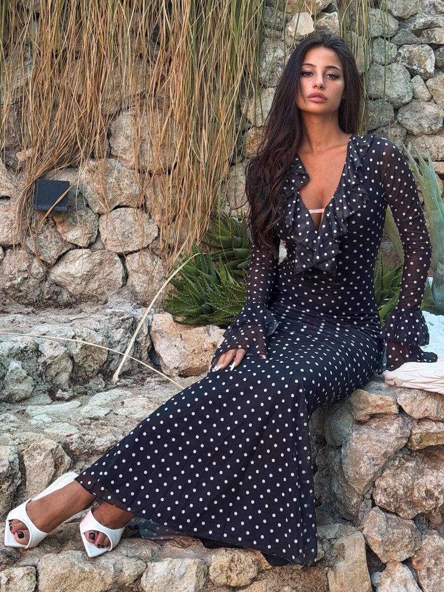 Ronhire Polka Dot Layered Ruffle Hem Long Sleeve Flare Waist Bodycon Dress For Women Elegant Maxi Black And White Trim - Black - View 1