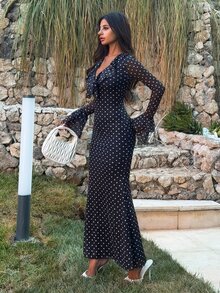 Ronhire Polka Dot Layered Ruffle Hem Long Sleeve Flare Waist Bodycon Dress For Women Elegant Maxi Black And White Trim - Black - View 5
