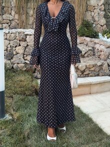 Ronhire Polka Dot Layered Ruffle Hem Long Sleeve Flare Waist Bodycon Dress For Women Elegant Maxi Black And White Trim - Black - View 3