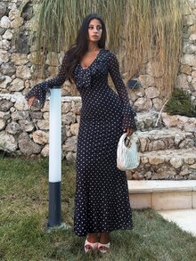 Ronhire Polka Dot Layered Ruffle Hem Long Sleeve Flare Waist Bodycon Dress For Women Elegant Maxi Black And White Trim - Black - View 4
