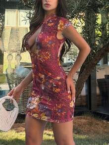 Ronhire Women's Floral Print Hollow Out Design Cap Sleeve Fitted Mini Dress,Party Dresses For Women - Redwood - View 4