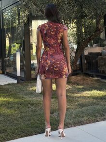 Ronhire Women's Floral Print Hollow Out Design Cap Sleeve Fitted Mini Dress,Party Dresses For Women - Redwood - View 2